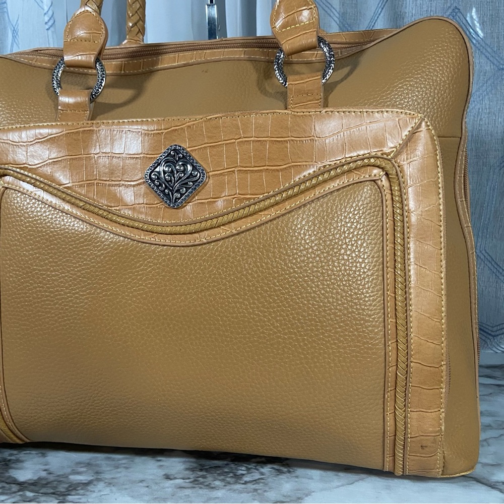 Vtg Coldwater Creek Embossed Tote Purse Document File Bag Silver Hardware Tan - Picture 3 of 15